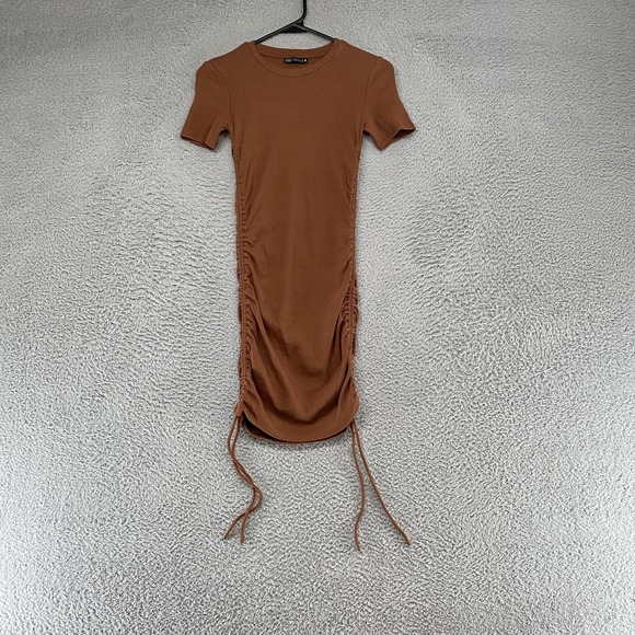 Zara Dresses & Skirts - Zara T Shirt Dress Womens S Brown Ruched Bodycon Mini Ribbed Capsule Neutral‎